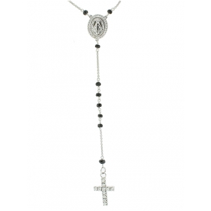 14k Solid White Gold Black Gemstone Beaded Cross Pendant Necklace