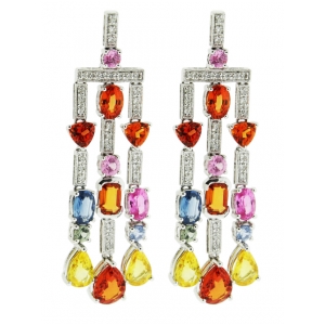 18k Solid White Gold Diamond & Multi Color Gem Stone Chandelier Earrings