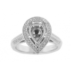 Diamond 18k Gold Pear Shape Milgrain Semi Mount Ring