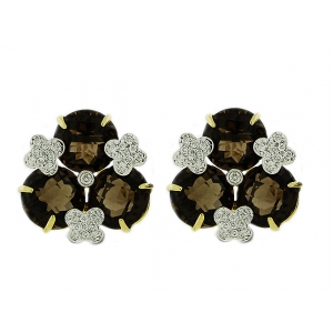 18k Yellow Gold Flower Shape Smokey Gemstone & Diamond French Clip Earrings