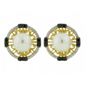 18k Solid Yellow Gold Circle Shape White & Black Diamond Center Pearl French Clip Earrings