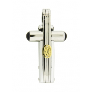 SAURO Men's Stainless Steel 18k Gold Onyx Cross Pendant