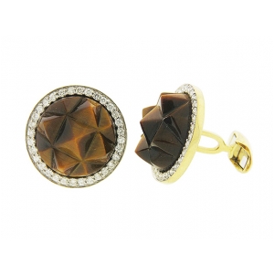 Tiger Eye Round Diamond 18k Yellow Gold Cufflinks