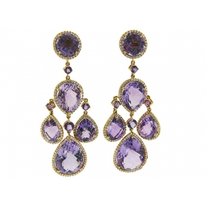 Celebrity Style Pear Amethyst & Diamond 18k Gold Chandelier Earrings