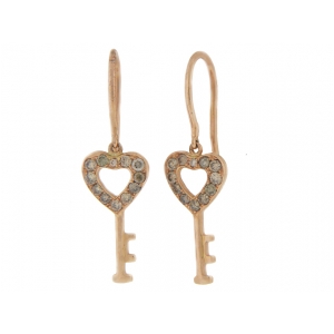 Heart Shaped Pave Champagne Diamond 18k Gold Key Fishhook Earrings