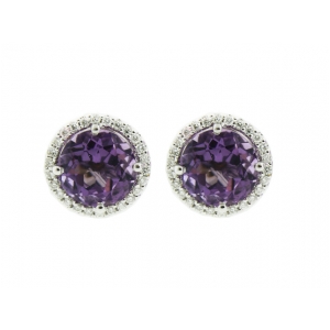 18k White Gold & Diamond Circle Shape Amethyst Gemstone Stud Earring