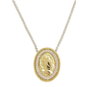 Vintage Diamond Oval Leaf Pendant 18k Two Tone Gold Necklace